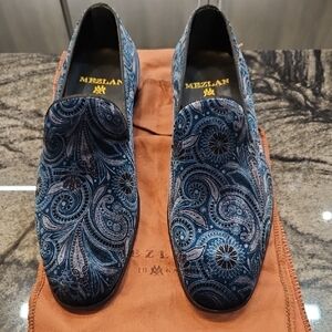 Mezlan Blue Velvet Loafers with Paisley Pattern